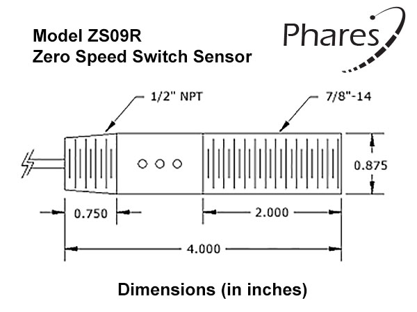 Dimensional image of the Phares ZS09R Zero Speed Switch Sensor